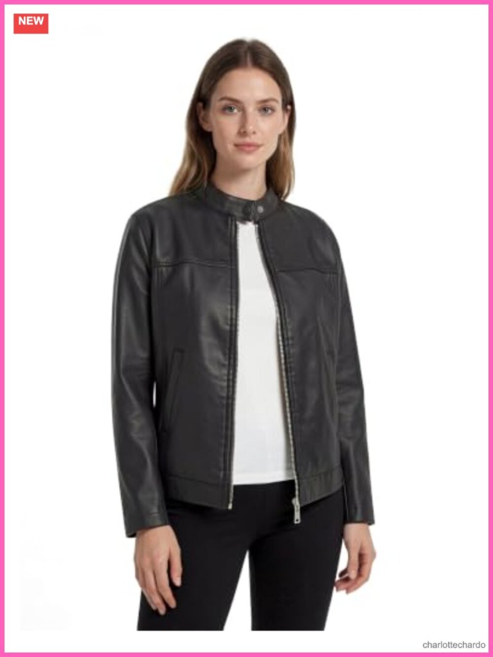 Faux Leather Motorcycle Jacket Women Stand Collar Moto Biker Coat